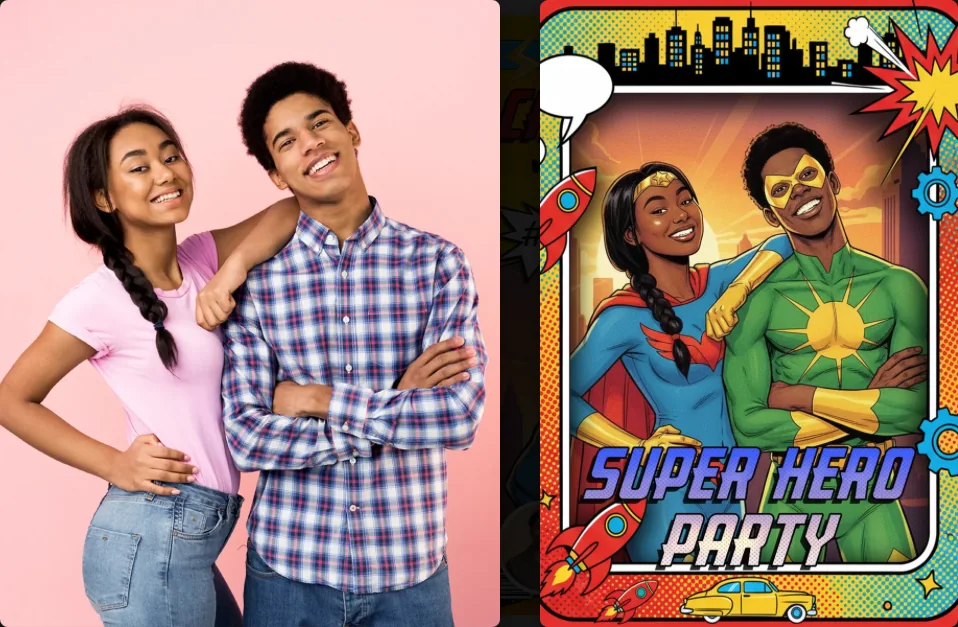 Before and after: two guests turned into comic-book superheroes by the AI photo booth