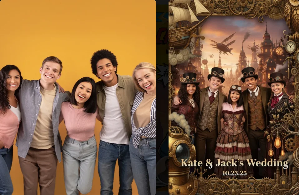 Before and after: a group of five turned into a steampunk portrait by the AI photo booth