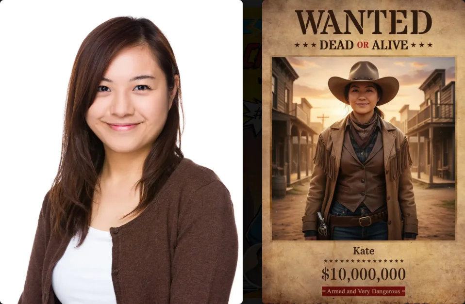 Before and after: one guest's photo turned into a western wanted-poster AI portrait