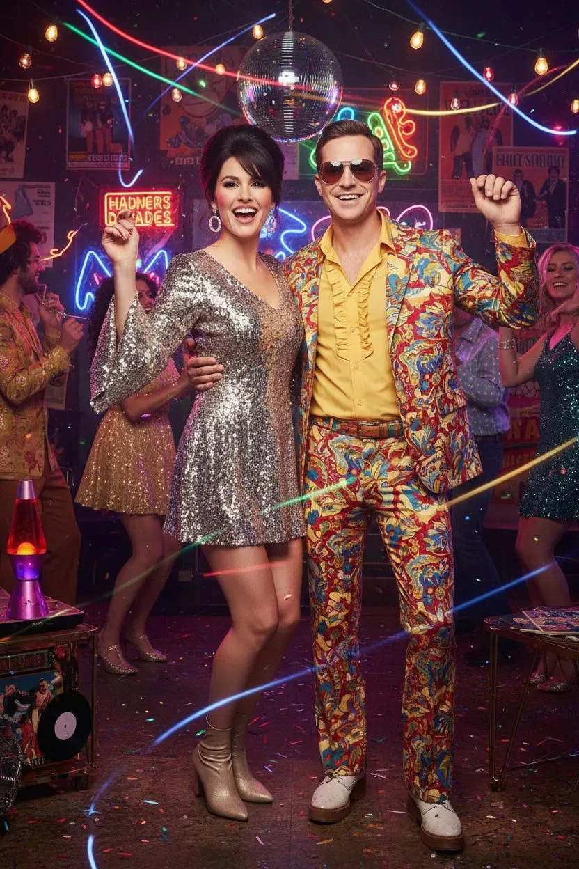 AI photo booth portrait in a retro seventies party style