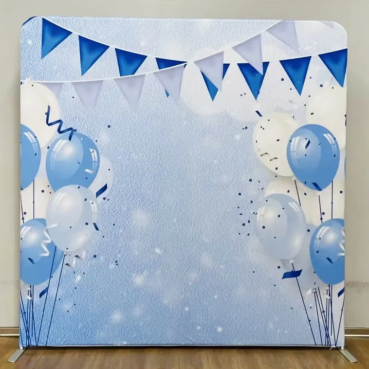 Blue balloon photo booth backdrop at a Miami party