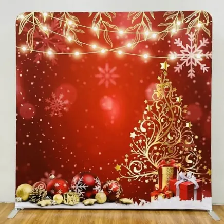 Red Christmas photo booth backdrop at a Miami holiday party