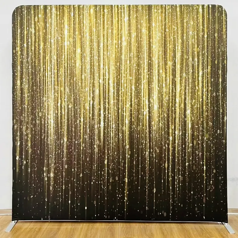 Gold shimmer photo booth backdrop at a Miami event