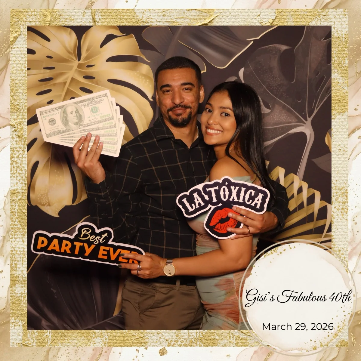 Guests with props at the photo booth during a 40th birthday party in Miami