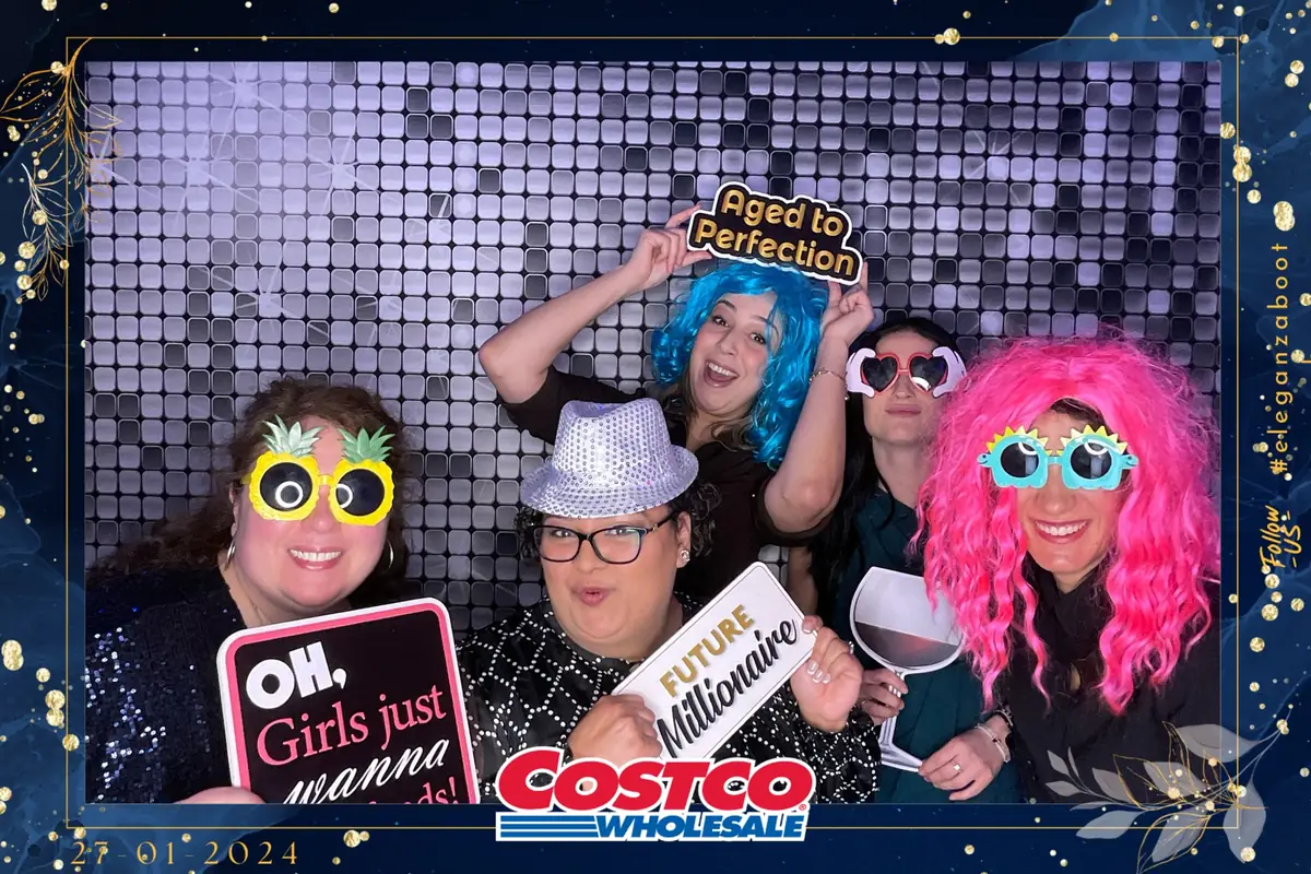A branded corporate photo booth overlay with a client logo, date and hashtag on the print