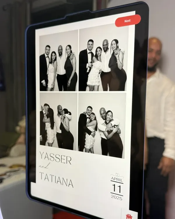 Digital photo booth screen showing four black-and-white photos from a Miami wedding