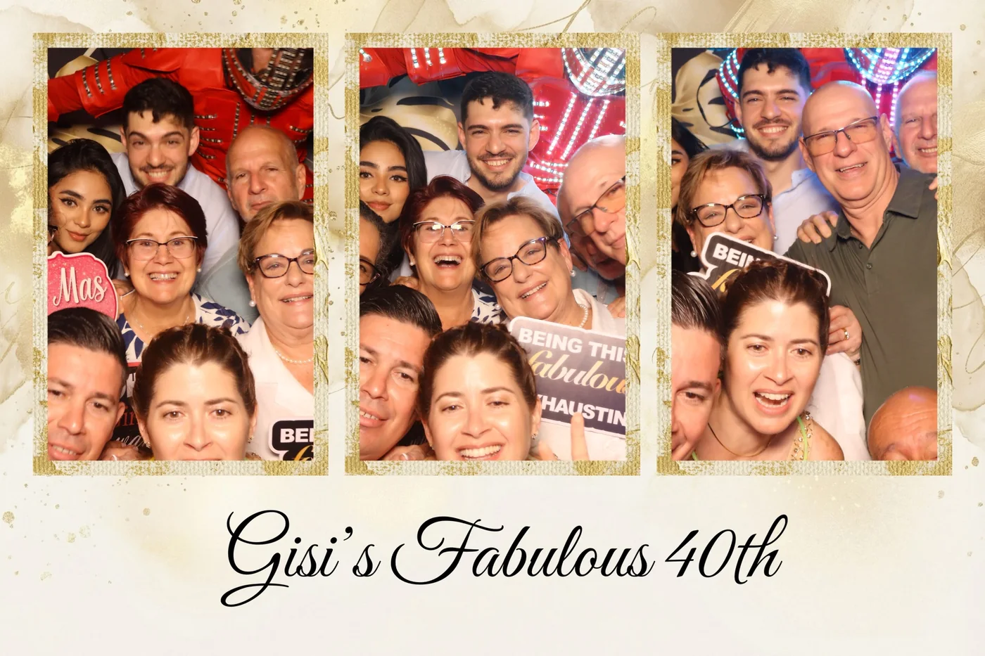 Custom photo booth print design for a Miami 40th birthday party, with the guest of honor's name and date