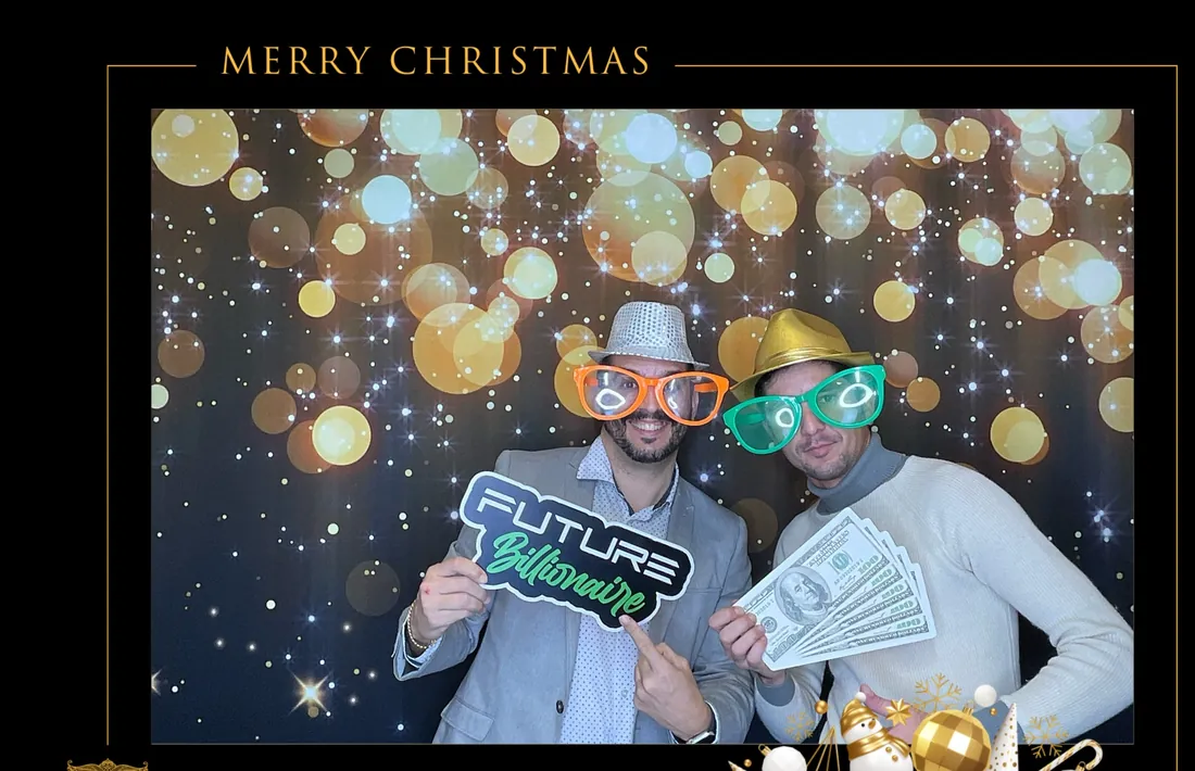 Gold Christmas photo booth overlay for a Miami holiday party