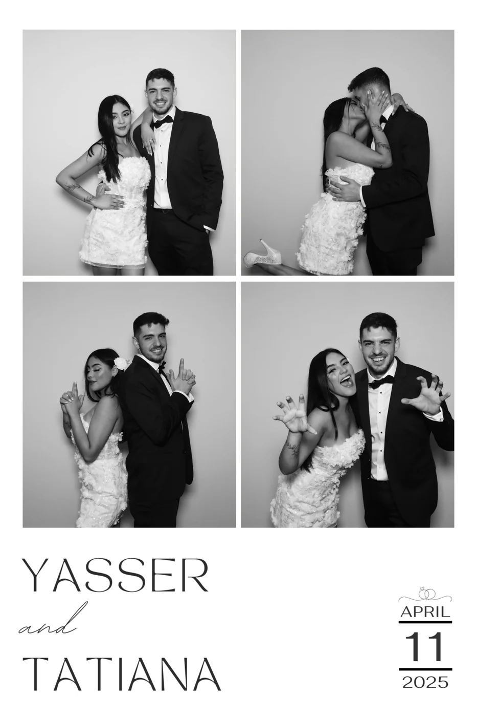 Custom glam photo booth print design for a Miami wedding, four black and white frames with the couple's names and date