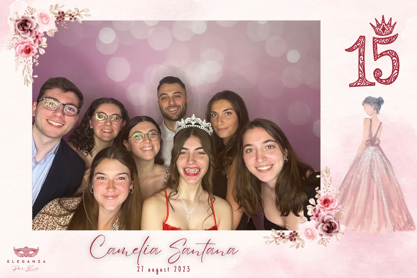 Custom photo booth print design for a Miami quinceañera, blush floral, with her name and date
