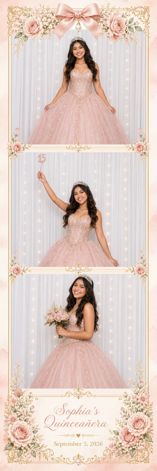Vertical quinceañera photo booth strip with three portraits, blush flowers, a pink bow and gold details