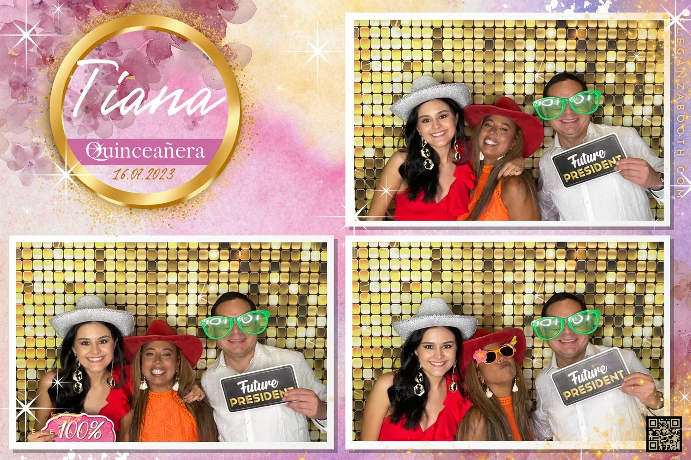 Custom photo booth print design for a Miami quinceañera, pink and gold, with her name and date