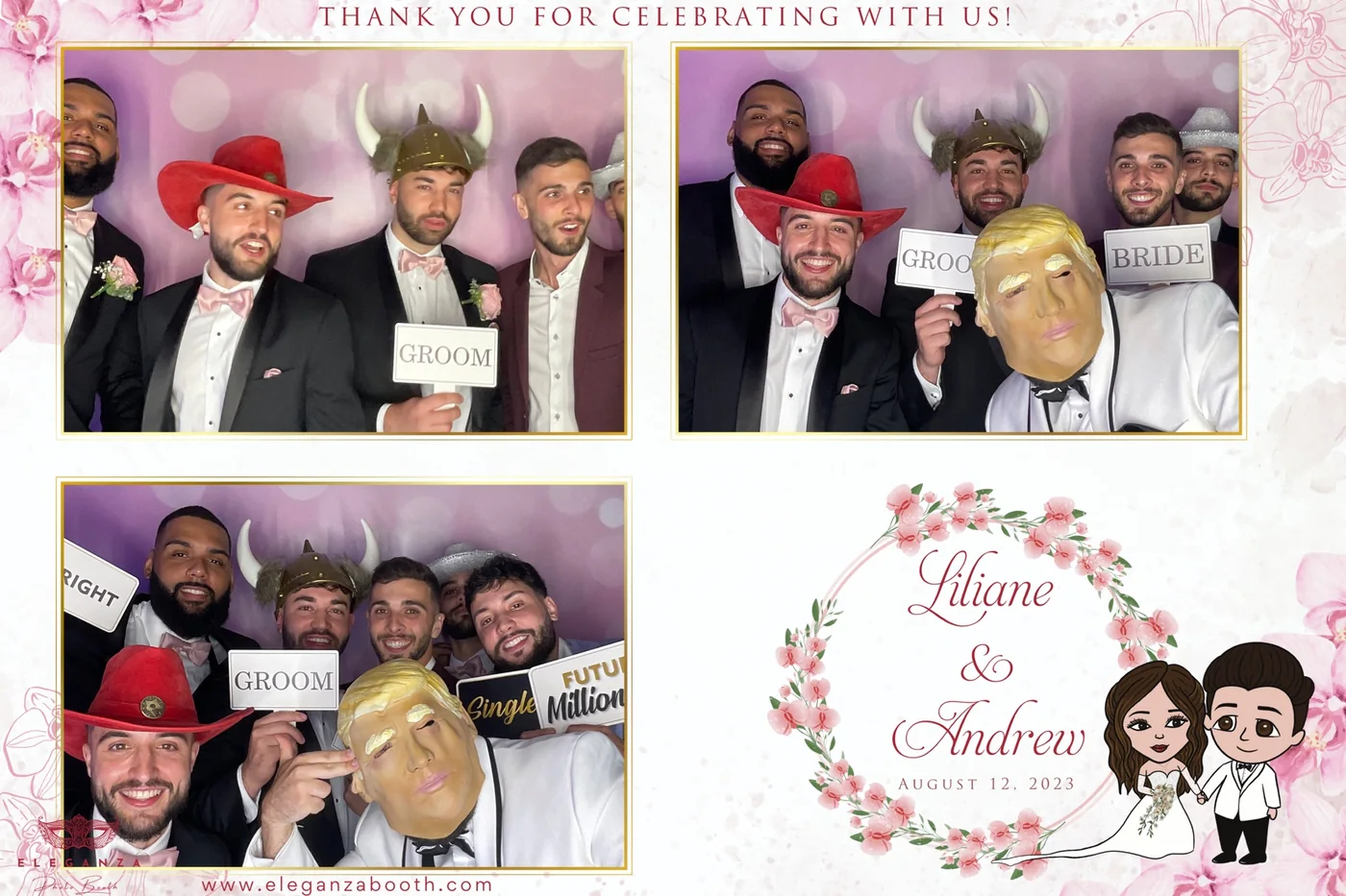 Custom photo booth print design for a Miami wedding, blush floral with the couple's names and date