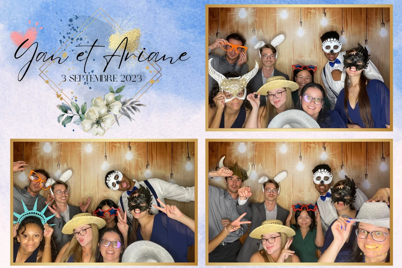 Custom photo booth print design for a Miami wedding, blue and gold with the couple's names and date